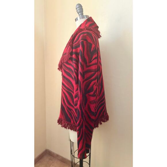 Chico's Red Black Animal Print Fringe Cardigan Open Front Sweater Jacket Size L - Picture 3 of 5
